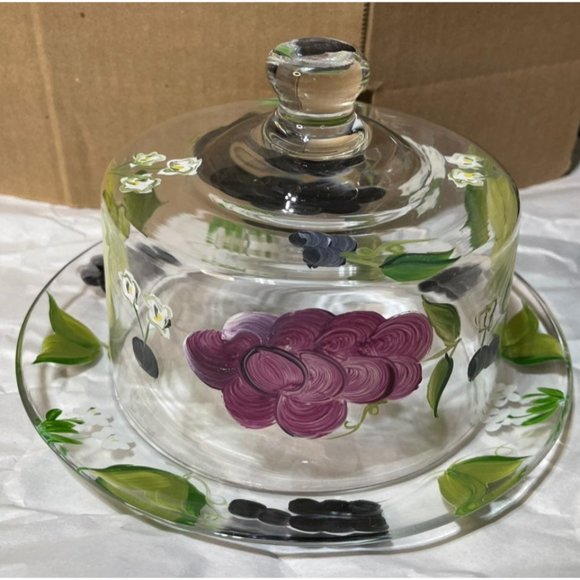 Hand Painted Clear Glass Covered Cheese Butter Dish w/ Grape Pattern - Picture 7 of 10